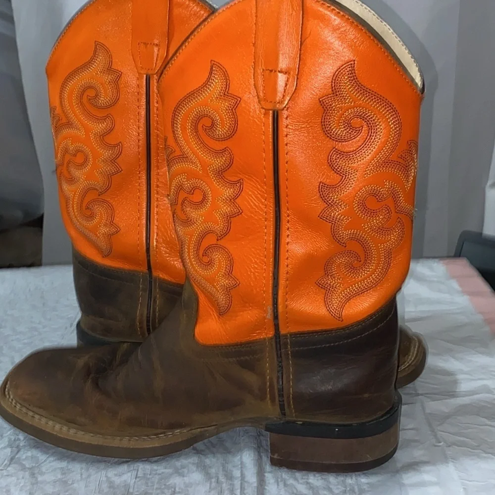 OLD WEST‎ GENUINE LEATHER Orange and Brown Western Cowboy Boots KIDS  SIZE 3D